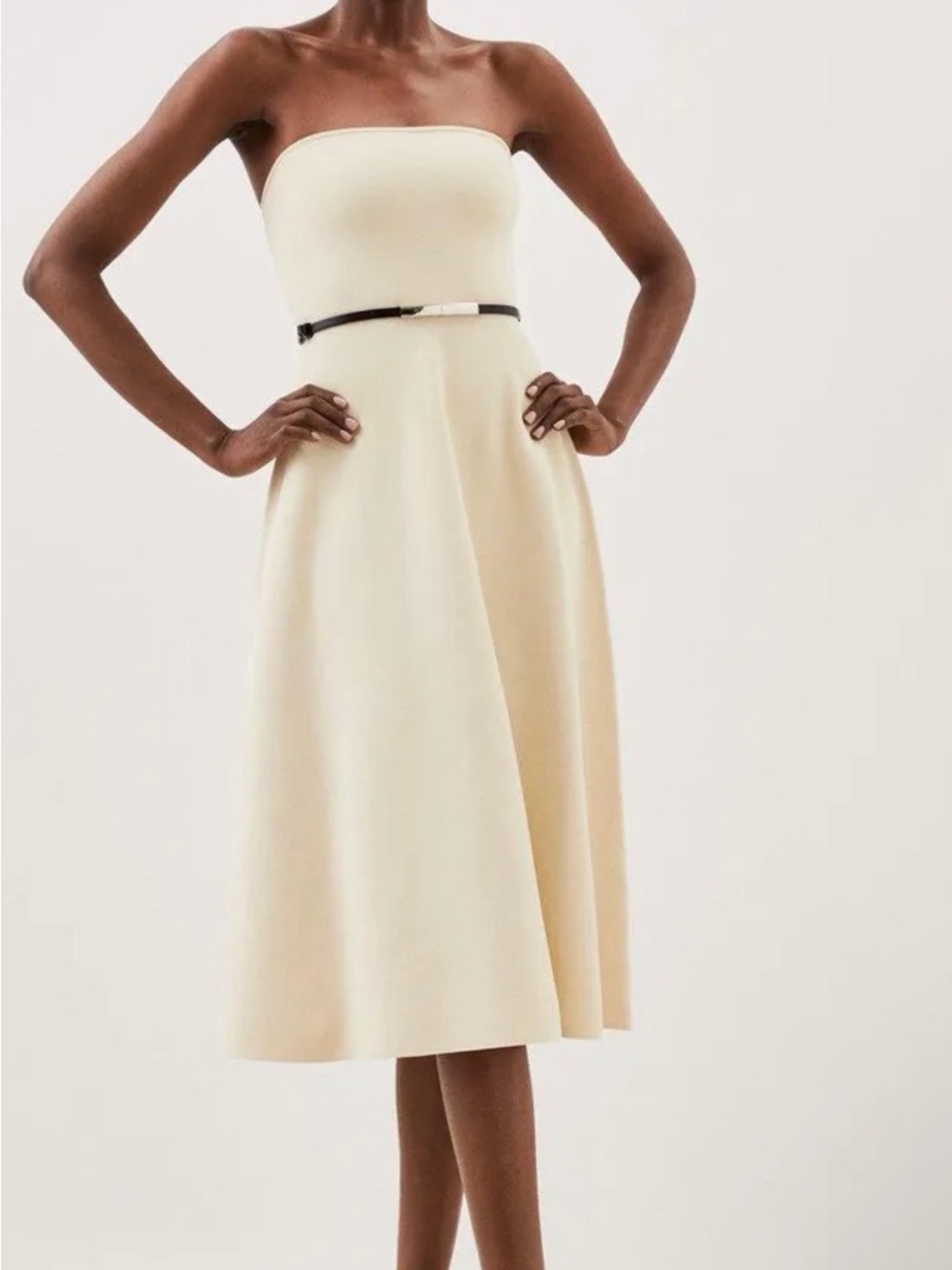 Karen Millen Strapless Cream A-Line Dress with Black Waist Belt